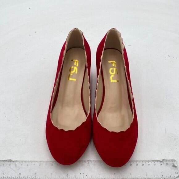 FSJ Red Suede Retro Classic Block Heels Closed Toe Formal Office Shoes - Picture 2 of 7
